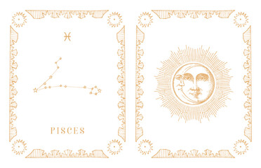 Pisces zodiac constellation, old card in vector.