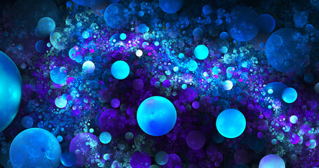 Obraz na płótnie Canvas Abstract colorful background with blue balls. Fantastic light effect. Festive wallpaper. Digital fractal art. 3d rendering.