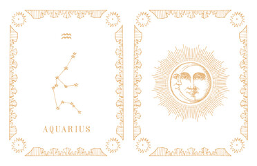 Aquarius zodiac constellation, old card in vector.