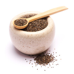 Stone mortar full of organic natural chia seeds close-up isolated on white background