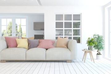 White living room with sofa and summer landscape in window. Scandinavian interior design. 3D illustration
