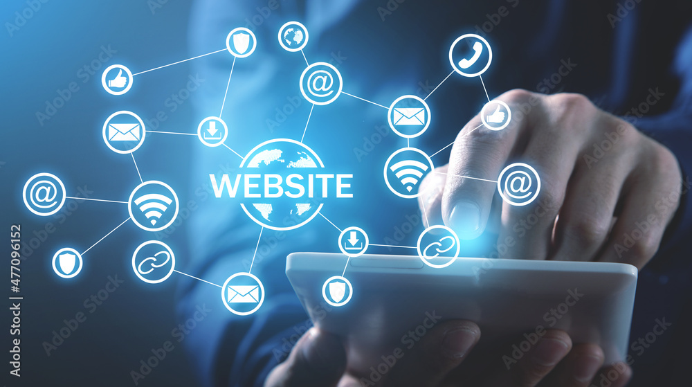 Poster man using digital tablet. website concept