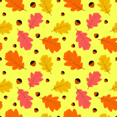 Naklejka na ściany i meble Autumn background, oak leaves and acorns on a yellow background, seamless pattern, texture for design, vector illustration