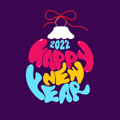 Colorful 2022 Happy New Year Font Inside Creative Bauble Shape On Purple Background.