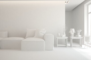 White minimalist living room with sofa. Scandinavian interior design. 3D illustration