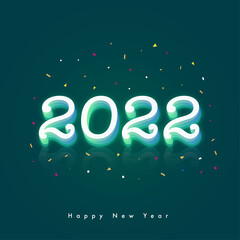 Fototapeta na wymiar 3D Glossy 2022 Number With Confetti On Teal Green Background For Happy New Year Concept.