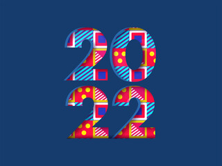 Paper Cut 2022 Number With Bauhaus Pattern On Blue Background.