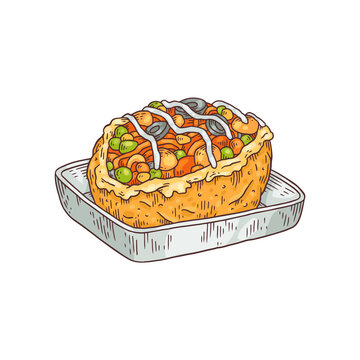 Turkish Kumpir traditional cuisine dish hand drawn vector illustration isolated.
