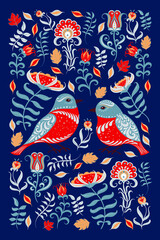 Birds with ornaments, flowers on a blue background. Rectangular design for posters, clothes, postcards, embroidery, home textiles in folklore style.