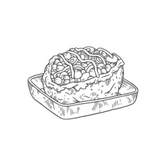 Turkish Kumpir dish of baked potato engraving vector illustration isolated.