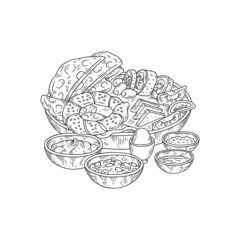 Traditional Turkish breakfast Kahvalti engraving vector illustration isolated.