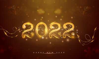 Golden 2022 Number With Lights Effect, Curly String And Snowflakes On Brown Bokeh Background.