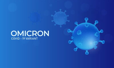 Covid-19 Omicron Variant Banner Design With Glossy Virus Structure On Blue Background.