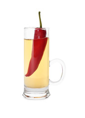 Red hot chili pepper and vodka in shot glass on white background