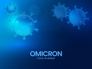 Omicron Covid-19 Variant Banner Or Poster Design With Glossy Virus Structure On Blue Grid Background.