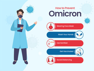 How To Prevent Omicron Like As Wear Mask, Washing Hands, Use Sanitizer, Get Vaccinated, Keep Distance With Doctor Character On Blue Background.