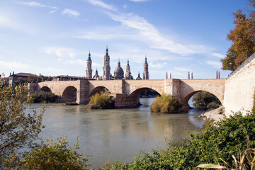 Zaragoza, Spain. View of baroque Basilica de Nuestra Senora del Pilar on sunny day