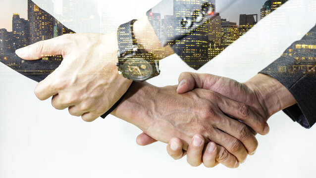 Double Exposure Of Business Deal Which Handshake Man And Success Concept Of Handshaking After Good Deal Of Job-white Background