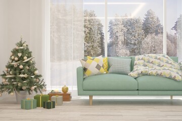 Fototapeta premium Winter new year interior of living room with sofa. Scandinavian design. 3D illustration
