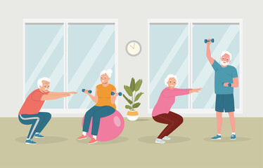Elderly men and women doing exercises at modern gym. Flat style cartoon vector illustration.