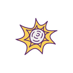 Sun hand drawn sign or icon with rays, cartoon vector illustration isolated.