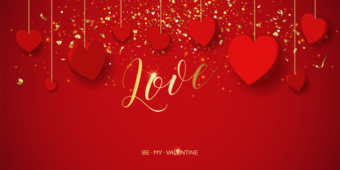 Valentine's day sale vector banner. Be my valentine banner with 3d heart, gift box, gold confetti, podium on pink background. Vector illustration. 3D realistiс design template with podium and gift