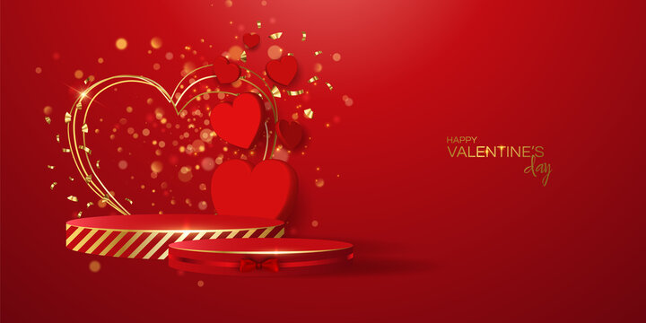 Valentine's day sale vector banner. Be my valentine banner with 3d heart, gift box, gold confetti, podium on reb background. Vector illustration. 3D realistiс design template with podium and gift