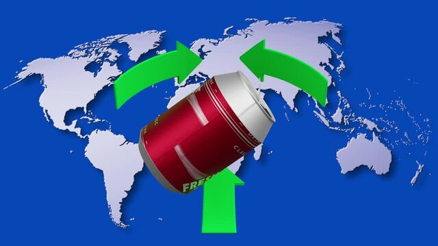  Video. Animazione. Ecologia. Ecologia. Simbolo di riciclaggio ruota attorno ad una lattina di metallo con sullo sfondo il mondo.
