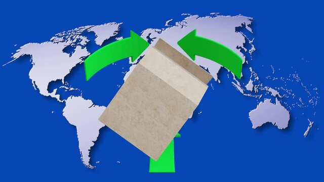 Video. Animazione. Ecologia. Riciclaggio. Simbolo di riciclaggio ruota attorno ad uno scatolone di cartone, carta. Sullo sfondo il mondo..