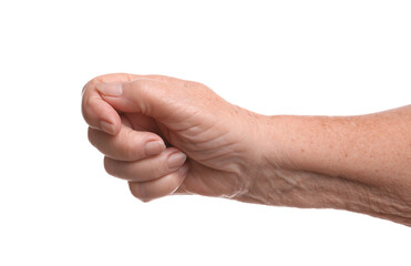 Elderly woman on white background, closeup view