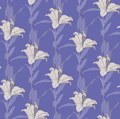 Handdoek met foto Pantone 2022 very peri Floral seamless pattern of ily flowers in white and lilac color with bronze outline. Decorative print for wallpaper, wrapping, textile, fashion fabric or other printable covers.  © Svetlana Moskaleva