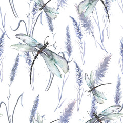 Watercolor lavender flower, grass   seamless pattern in vintage hand drawn style. Elegant floral background illustration.Watercolor provance lavender set. background with beautiful dragonfly