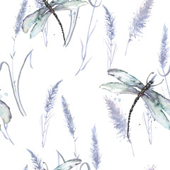 Watercolor lavender flower, grass   seamless pattern in vintage hand drawn style. Elegant floral background illustration.Watercolor provance lavender set. background with beautiful dragonfly