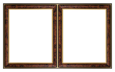 Fototapeta premium Double wooden frame (diptych) for paintings, mirrors or photos isolated on white background. Design element with clipping path