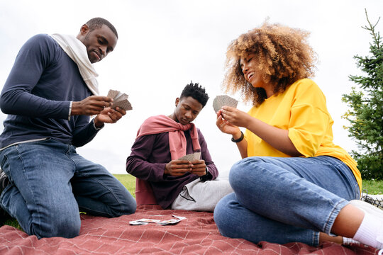 Young Friends Playing Cards In Park