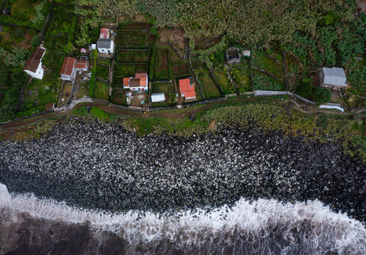 Houses at coastline of Rocha da Relva, Sao Miguel Island, Azores, Portugal