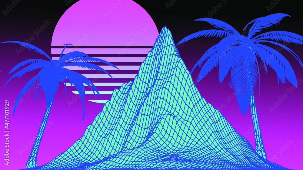 Aufkleber Retro 80s synthwave styled 3D landscape with distorted laser grid, palm trees and sun. Vector illustration.