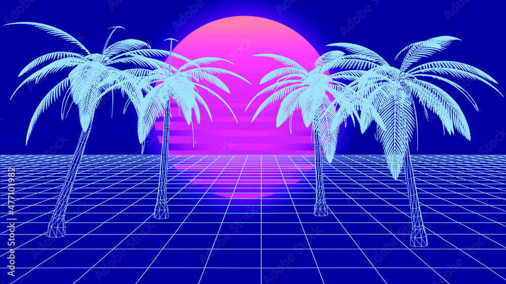 Poster retro 80s synthwave styled 3d landscape with endless perspective laser grid, palm trees and sun.