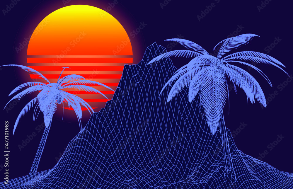 Aufkleber Retro 80s synthwave styled 3D landscape with distorted laser grid, palm trees and sun. Vector illustration.