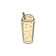 Foamy milkshake in glass and with straw, colored doodle illustration isolated on white background.