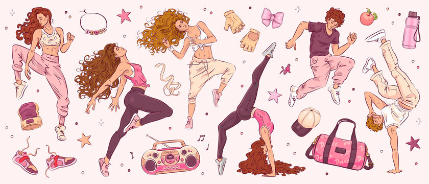 Hand drawn sketch dance studio set. Vector illustration of happy young dancing man and woman