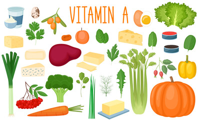 Set of vitamin A sources. Healthy food. Collection of vegetables, greens, milk products and eggs enriched vitamin C. Vector illustration