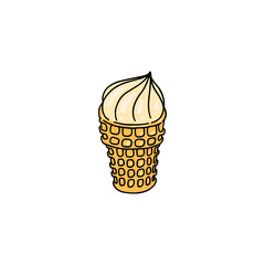 Fototapeta na wymiar Hand drawn ice cream in waffle cone in colored doodle style, vector illustration isolated on white background.