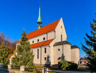 Neo-gothic parish church of St. Peter and Paul Apostles Upper Zagorzyce Gorne village in Podkarpacie region of Lesser Poland - obrazy, fototapety, plakaty