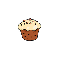 Cute muffin with cream and chocolate chips in colored doodle style, vector illustration isolated on wihte background.