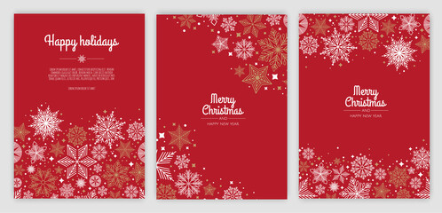 Merry Christmas and Happy New Year Set of greeting cards, posters, holiday covers. Xmas Design with beautiful snowflakes in modern line art style.