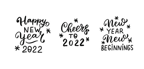 Happy new year 2022. Cheers to 2022. New beginnings. New year wishes set. Greeting card design. Hand lettering brush calligraphy overlay. Wall art prinatble poster design element.