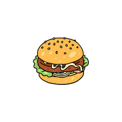 Tasty burger with meat patty and vegetables in colored doodle style, vector illustration isolated on white background.