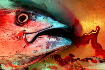 Dead tuna fish,  Ballaro Market in the Albergheria district, historic part of Palermo, Sicily,...