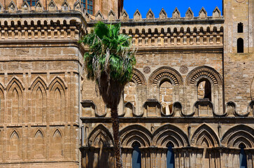 Fototapeta na wymiar Roman Catholic Cathedral of Palermo dedicated to Assumption of Virgin Mary, Cathedral of Santa Maria Assunta, facade from gardens side, historic part of Palermo, Palermo, Sicily, Italy, Europe